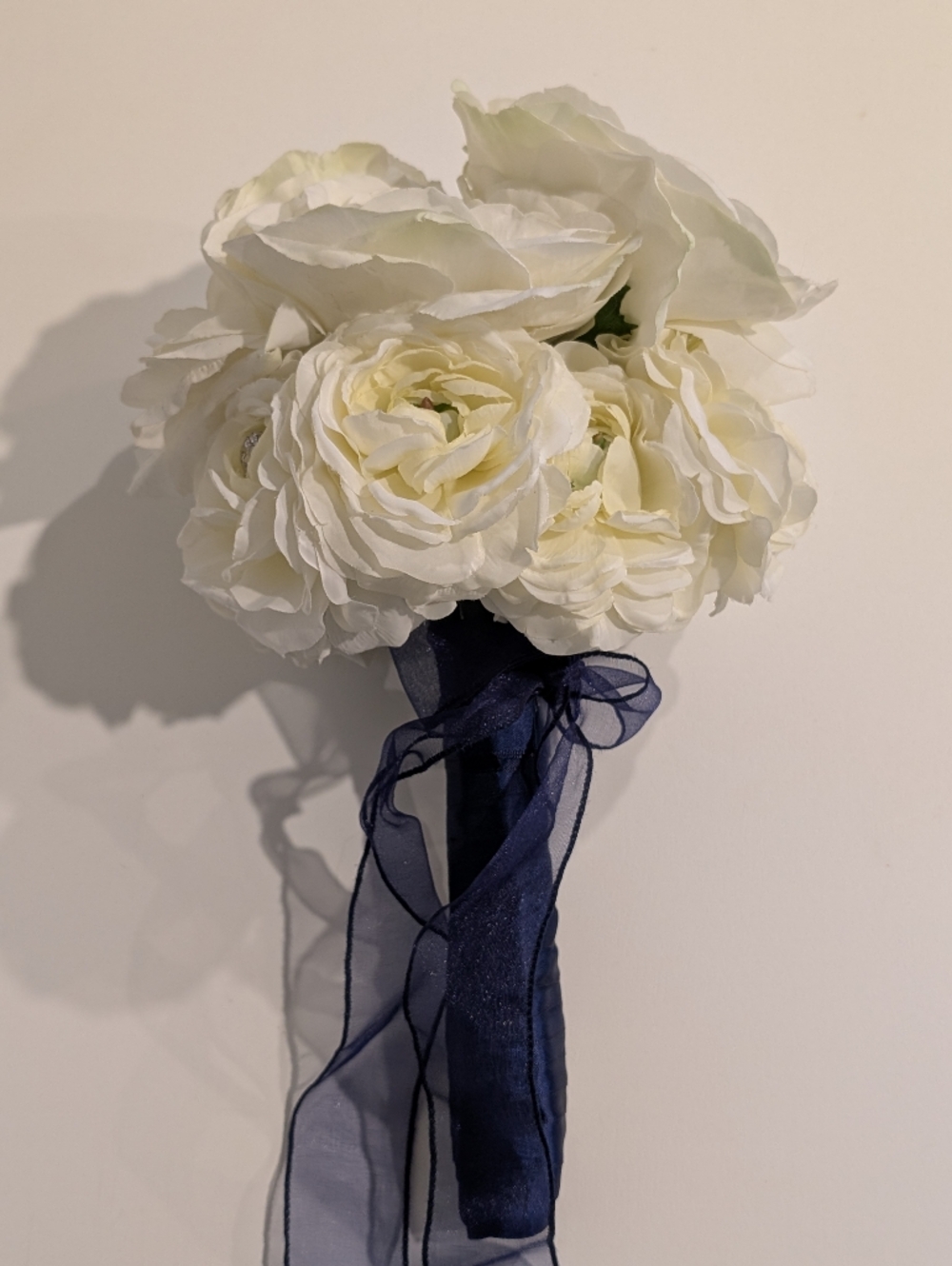 Artificial Bridal Bouquet - White Peony with Sparkles & Navy Blue Ribbon Handle